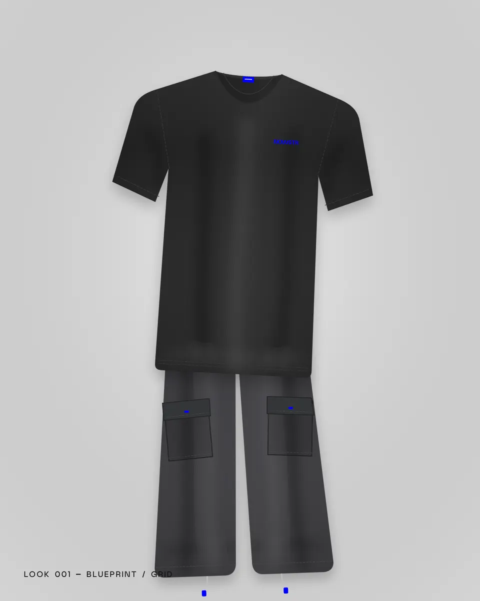 Look 001 — Blueprint Tee e Grid Wide Cargo